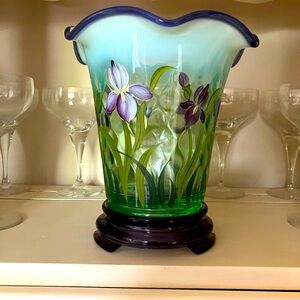 Fenton opalescent willow green vase. Designer Showcase Series-hand painted.